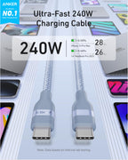 The Anker USB-C to USB-C Cable (3 ft/6 ft, 240W, Upcycled-Braided) offers ultra-fast charging—iPhone 15 Pro Max in 28 mins, MacBook Pro 2023 in 26 mins—with two connectors and ultra-durable upcycled-braided design.