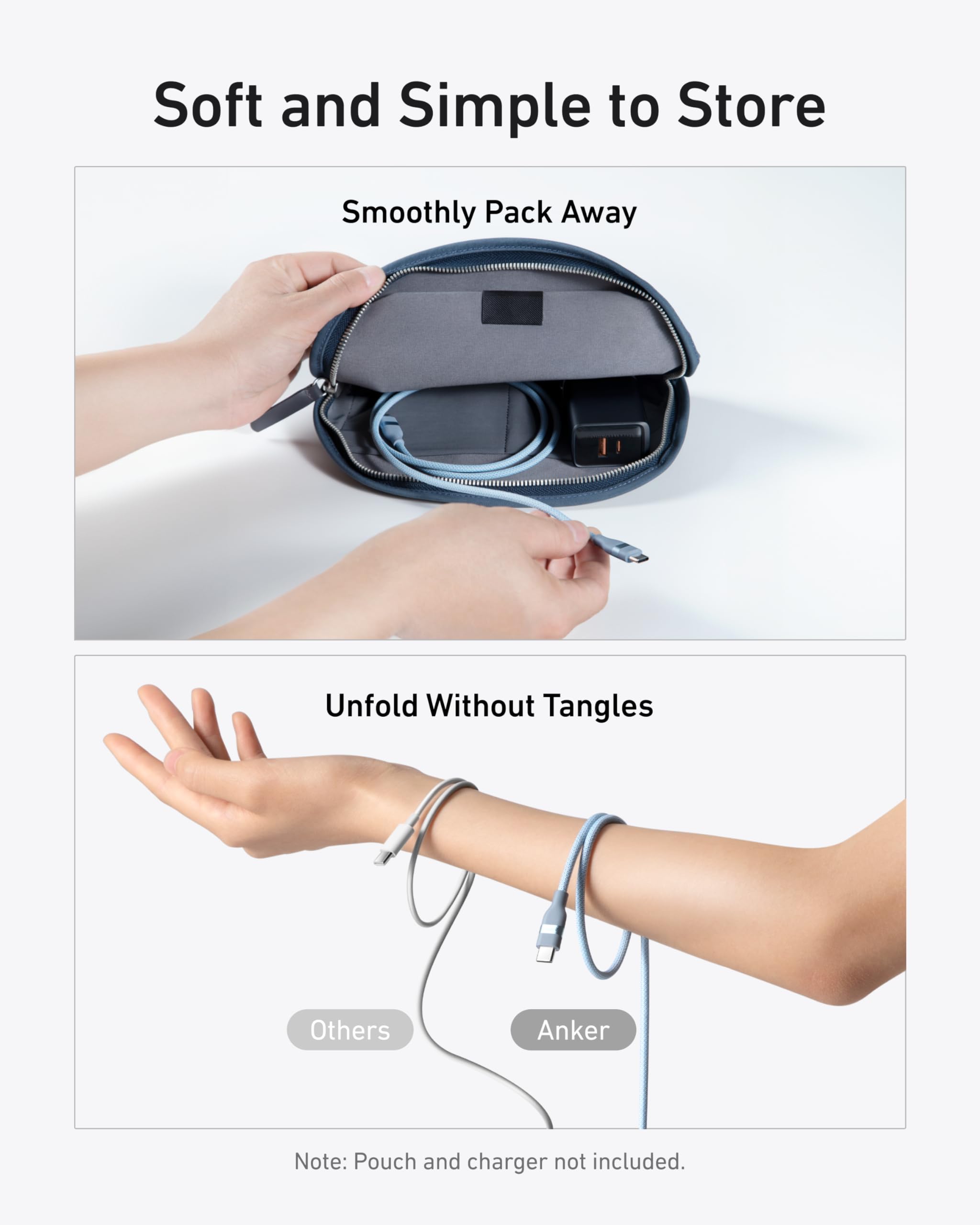 Two images: Top—hands packing an Anker USB-C to USB-C Cable (3 ft/6 ft, 240W, Upcycled-Braided) into a small pouch. Bottom—a hand with Anker’s untangled cable vs a tangled “Others.” Text: “Soft and Simple to Store.”.