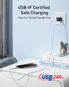 An Anker USB-C to USB-C Cable (3 ft / 6 ft, 240W, Upcycled-Braided) charges a smartphone on a bedside table. Text reads, "USB-IF Certified Safe Charging—Keep Your Devices Damage-Free" and highlights "Certified USB 240W.