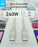 Two upcycled-braided Anker USB-C to USB-C Cables (3 ft/6 ft, 240W) appear with devices. Text shows "Ultra-Fast 240W Charging Cable" and charging times: iPhone 15 Pro Max in 28 min, MacBook Pro 2023 in 26 min.