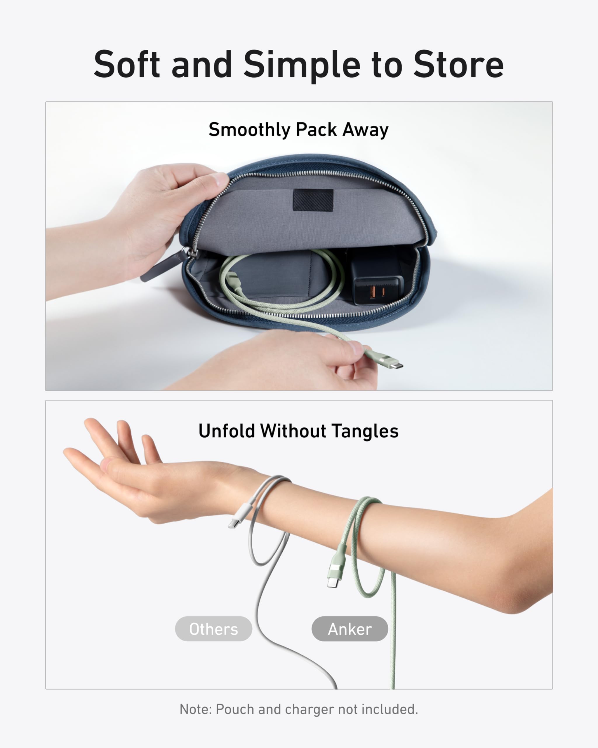 A hand slips the ultra-durable Anker USB-C to USB-C Cable (3 ft / 6 ft, 240W, Upcycled-Braided) into a pouch; another image shows tangled cables (“Others”) versus a neat, untangled Anker cable on an arm.
