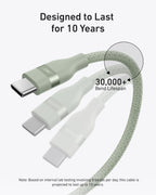 Three ultra-durable Anker USB-C to USB-C cables (3 ft/6 ft, 240W, upcycled-braided) are shown; one highlights a 30,000+ bend lifespan. Text notes lab tests show these cables are designed to last 10 years.