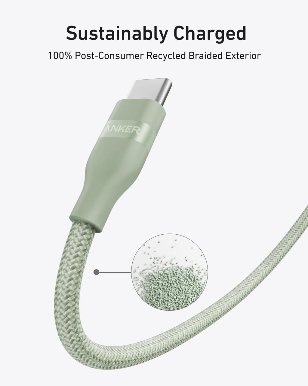 The green Anker USB-C to USB-C Cable (3 ft/6 ft, 240W, Upcycled-Braided) labeled "Sustainably Charged" features a 100% post-consumer recycled braided exterior, with a zoom-in of the recycled material pellets.