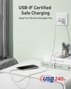 A phone charges on a nightstand with the Anker USB-C to USB-C Cable (3 ft, 240W, Upcycled-Braided), connected to a wall socket. Text reads: “USB-IF Certified Safe Charging. Keep Your Devices Damage-Free. Certified USB 240W.” A book and vase are nearby.