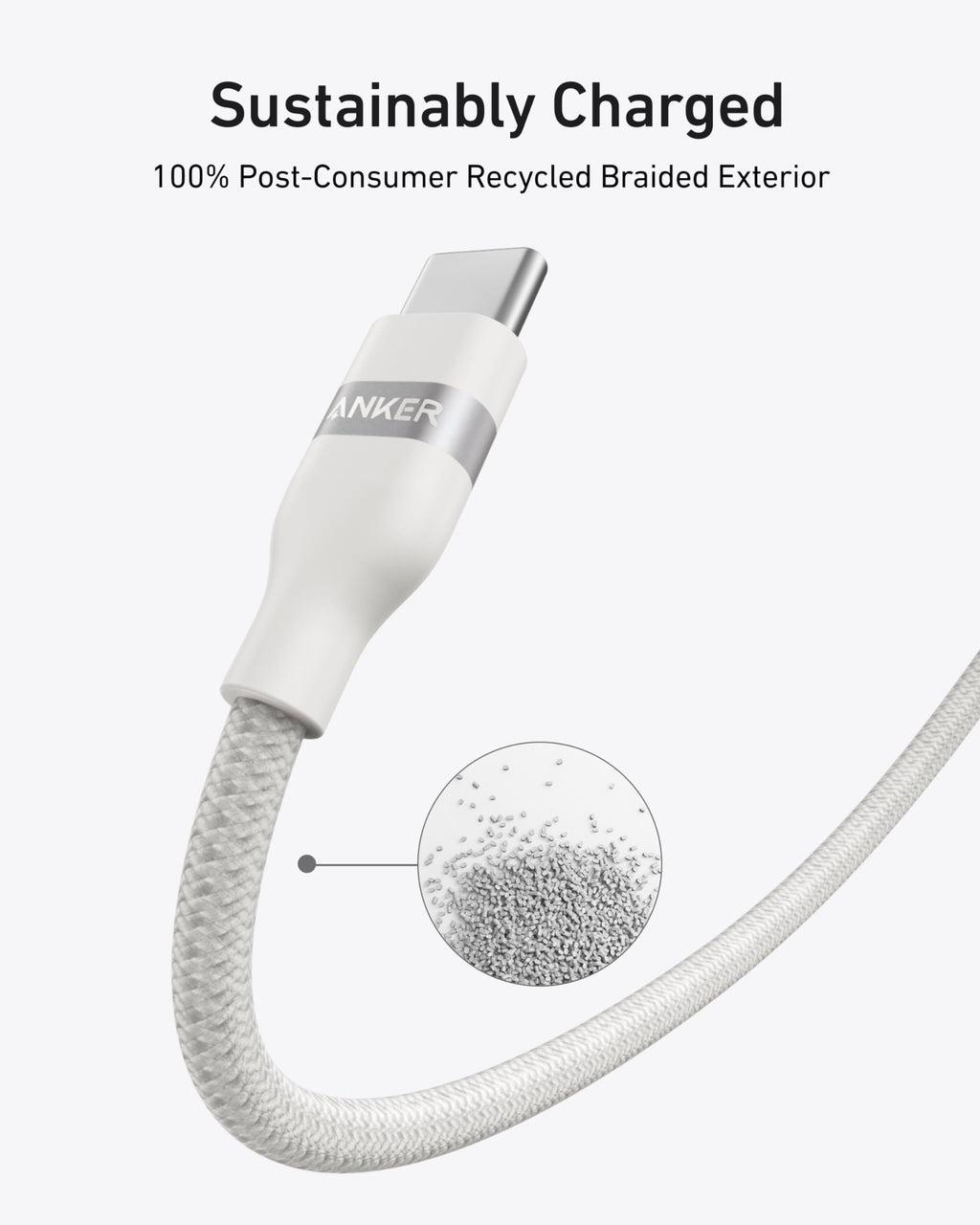 A white Anker USB-C to USB-C Cable (3 ft/6 ft, 240W, Upcycled-Braided) appears with "Sustainably Charged" and "100% Post-Consumer Recycled Braided Exterior." An inset highlights the ultra-durable cable material.