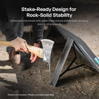 Outdoors, a person uses an axe to hammer a stake through the kickstand of the Renogy 200W Portable Foldable Solar Panel, demonstrating its stable stake-ready design. On-screen text highlights this stability, while built-in USB-C PD and USB-A charging ports offer convenient device power for camping or off-grid use.