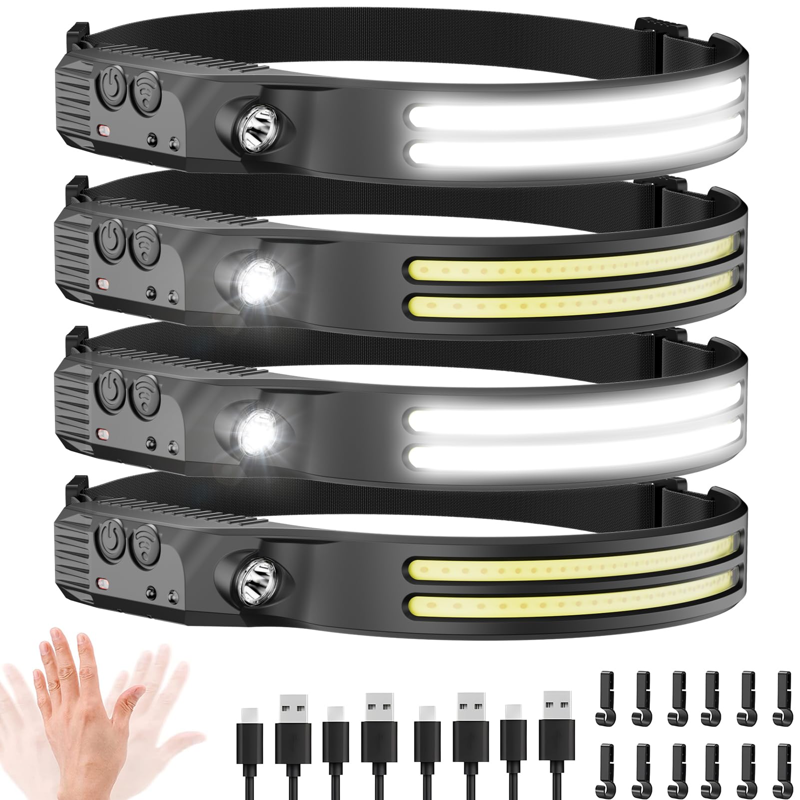 2PCS LED Headlamp Rechargeable - 230° COB Super Bright Head Lights for Forehead, Hard hat Light for Adults, USB C Headband Flashlight for Work, Hiking, Running, Camping Essentials Gear