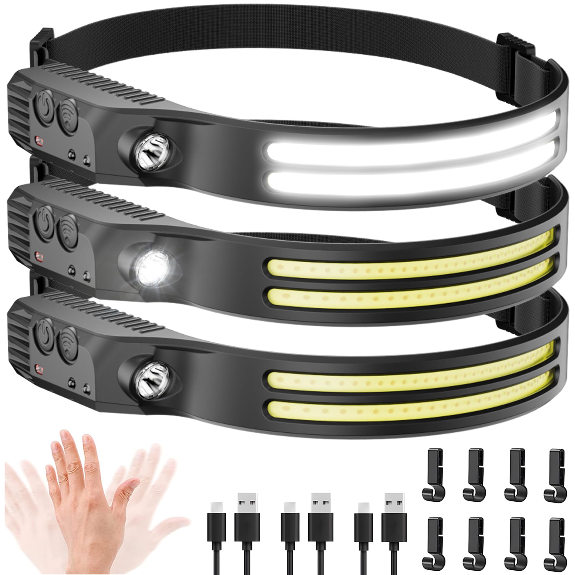 2PCS LED Headlamp Rechargeable - 230° COB Super Bright Head Lights for Forehead, Hard hat Light for Adults, USB C Headband Flashlight for Work, Hiking, Running, Camping Essentials Gear