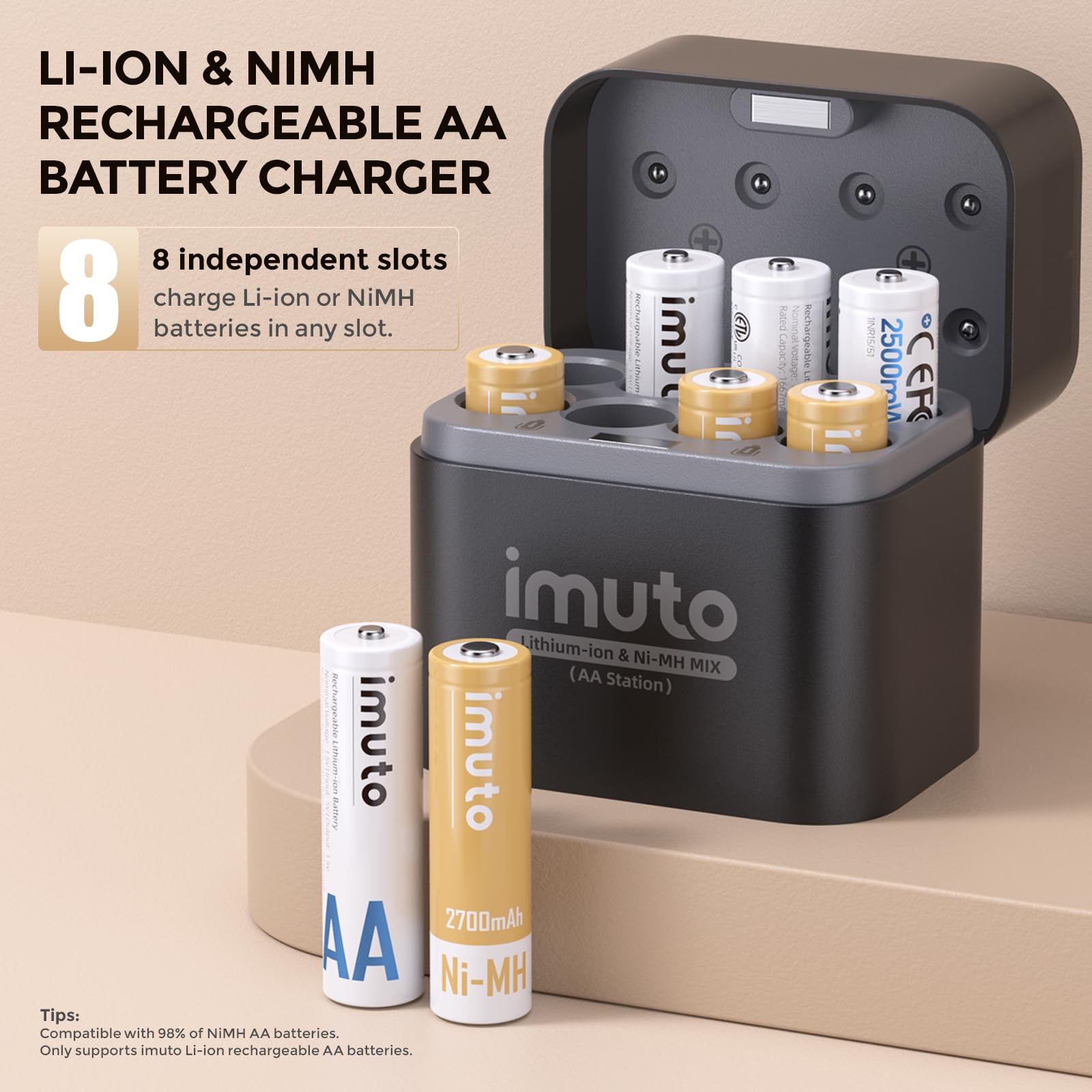 imuto Rechargeable AA and AAA Batteries with Charger, 6 Pack 3600mWh AA and 4 Pack 1300mWh AAA Li-ion Batteries 1600 Cycles, Smart Charger Compatible with Rechargeable Lithium and NiMH Battery