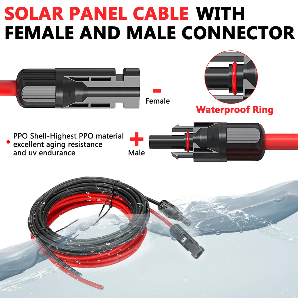 Diagram of the Vansdon 2x50 Feet Solar Panel Extension Cable—10AWG solar cable with clearly labeled male and female waterproof connectors, prominently highlighting the durable waterproof ring and coiled cable at the bottom. Designed for RVs and photovoltaic systems, this visual guide showcases not only the rugged construction but also how each feature ensures superior UV resistance and long-lasting performance in challenging outdoor environments.