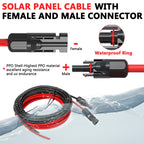 Diagram of the Vansdon 2x50 Feet Solar Panel Extension Cable—10AWG solar cable with clearly labeled male and female waterproof connectors, prominently highlighting the durable waterproof ring and coiled cable at the bottom. Designed for RVs and photovoltaic systems, this visual guide showcases not only the rugged construction but also how each feature ensures superior UV resistance and long-lasting performance in challenging outdoor environments.