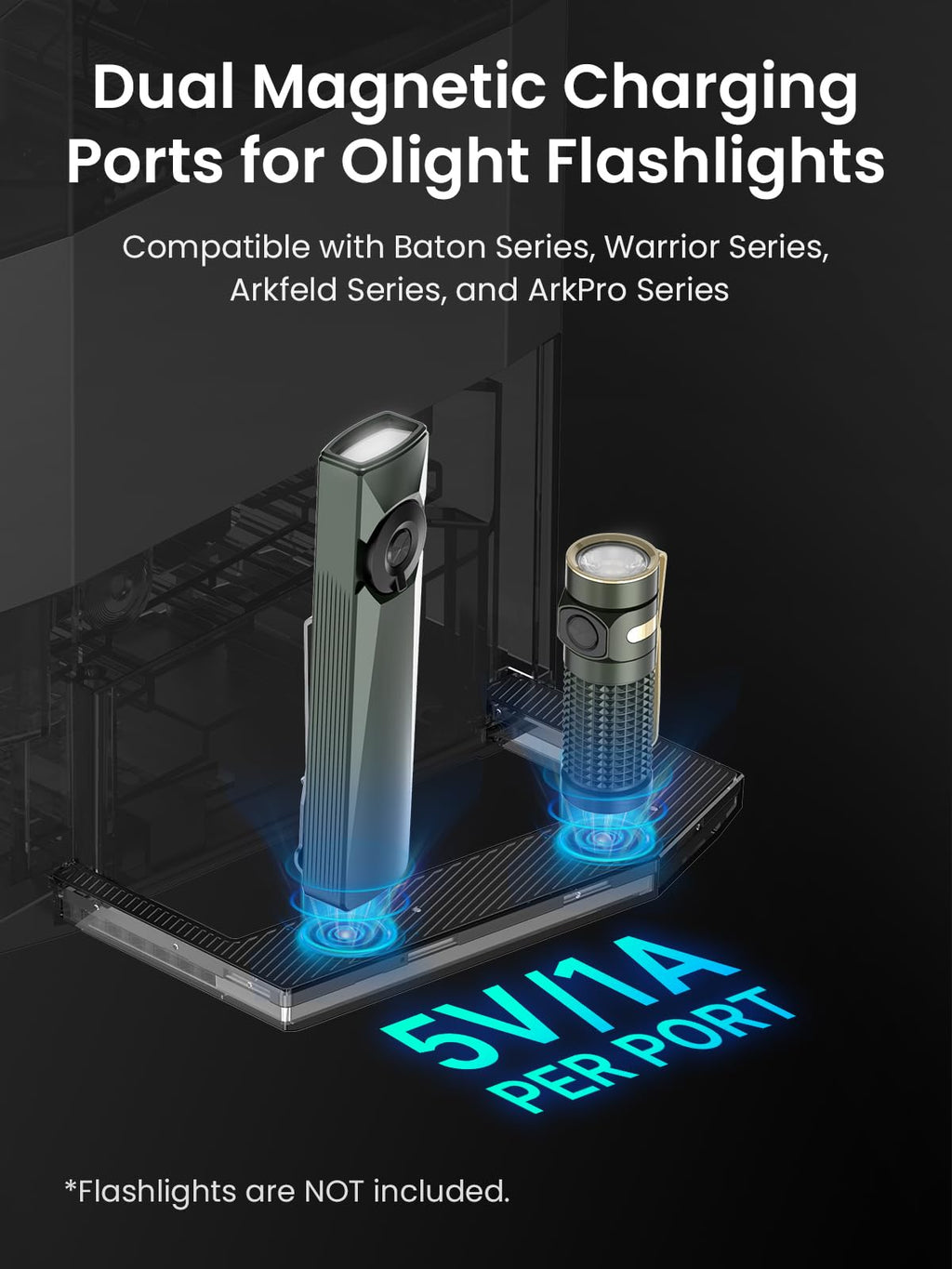 The Ostation 2 Pro AA AAA Battery Charger holds 12 AA Li-ion and 12 AAA NiMH batteries on a sleek charging station with touchscreen and app controls, dual polarity-free charging ports, auto-detection, and glowing blue "5V1.1A PER PORT" text for premium appeal.