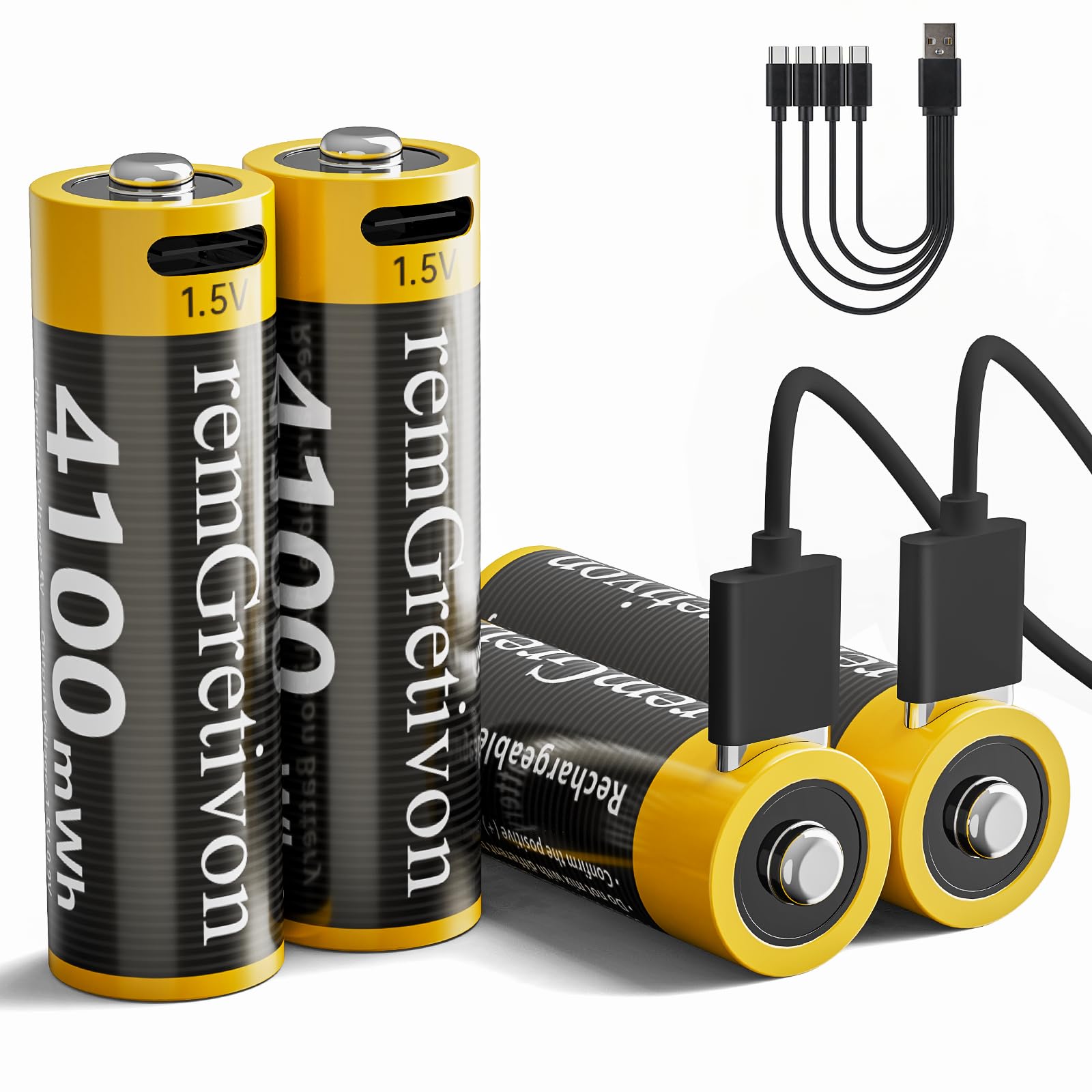 4100mWh USB-C Rechargeable AA Batteries 1.5V Lithium-ion, 4 Pack with USB-C Cable, 1500 Cycles High Capacity AA Lithium Battery for Smart Door Locks, Toys, Flashlights, Keyboards