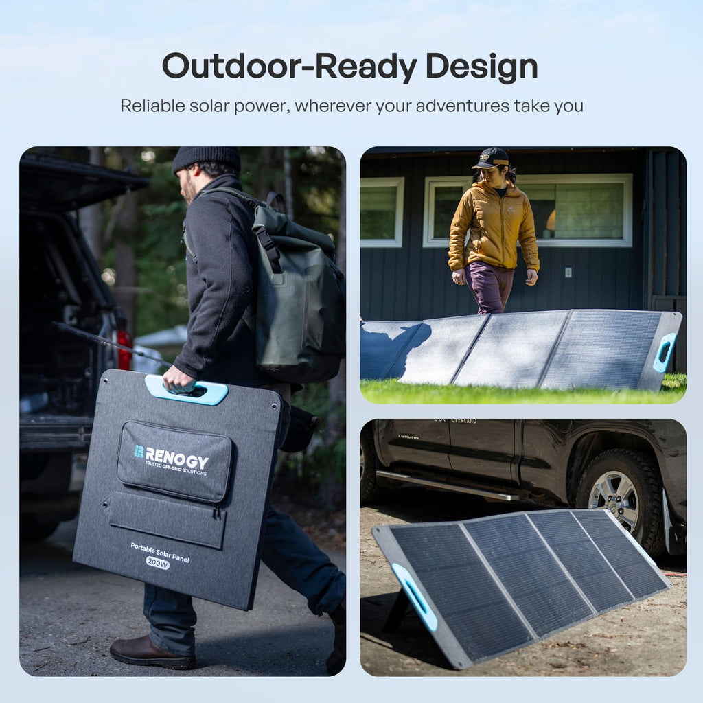 Three people set up and carry the Renogy 200W Portable Foldable Solar Panel – a 25% efficient N-Type solar charger – outdoors near a vehicle and house, highlighting its ease of transport and suitability for outdoor use. With convenient USB-C PD, USB-A, and MC4 outputs, this portable solar panel is perfect for charging your devices on the go during camping, RV trips, or any off-grid adventure.