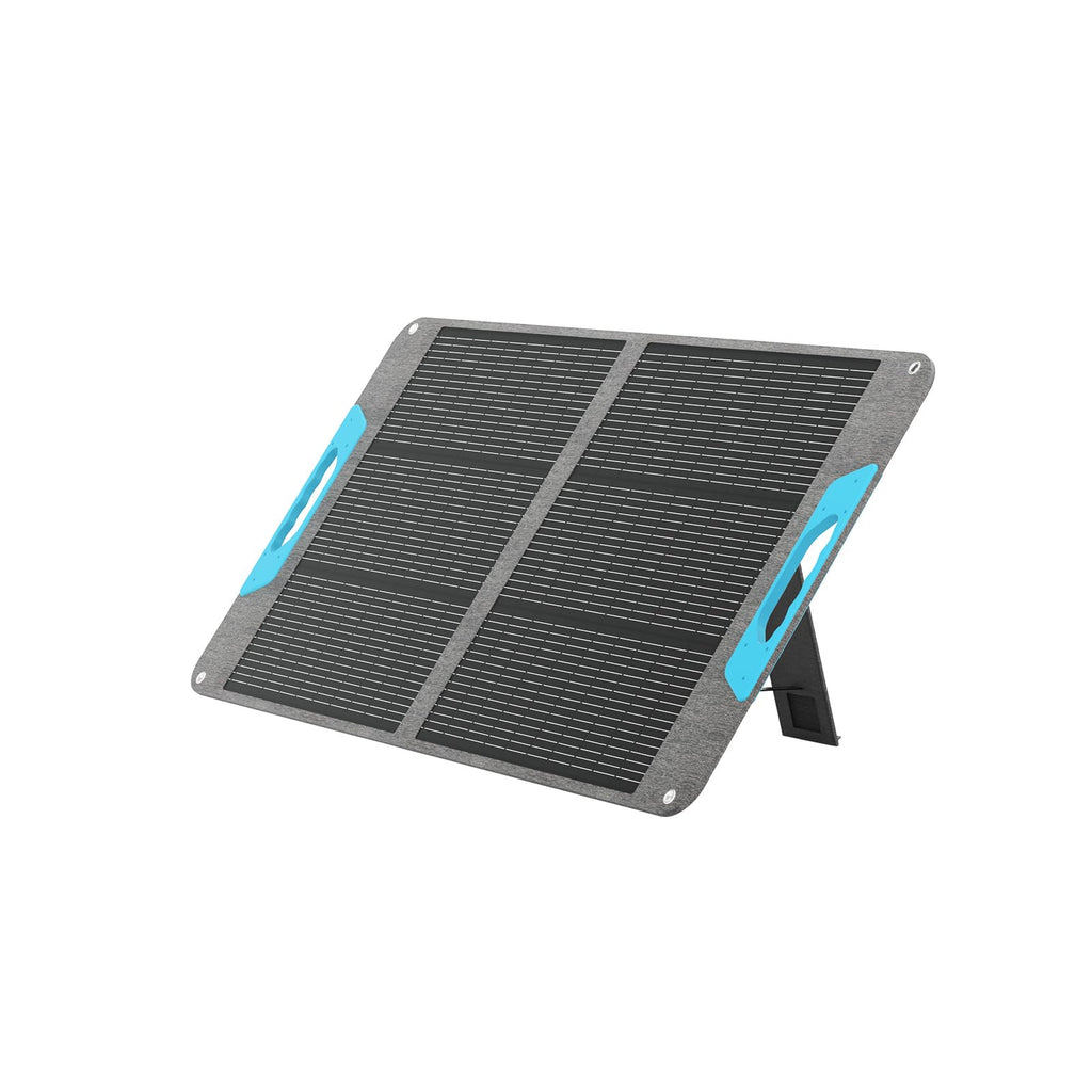 The Renogy 200W Portable Foldable Solar Panel, featuring a sleek black surface with blue corner accents, stands upright on a foldable support against a white background and offers USB-C PD, USB-A, and MC4 outputs with 25% efficient N-Type solar cells for charging power stations, RVs, camping gear, and off-grid devices.