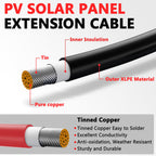 A diagram of the Vansdon 2x50 Feet Solar Panel Extension Cable (10AWG) illustrates labeled components: tinned pure copper conductor, inner insulating layer, and outer XLPE sheath. A text box calls out benefits of tinned copper—enhanced conductivity and increased durability. Not a product description.