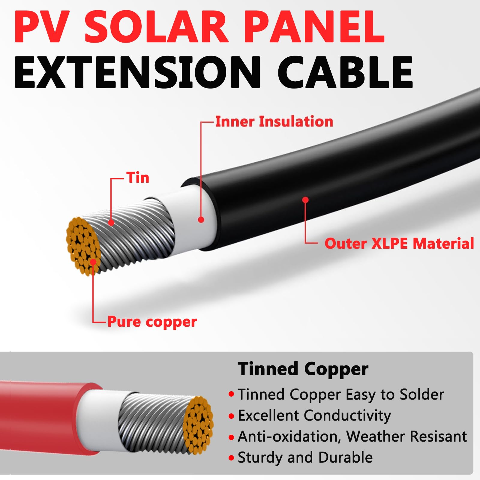 A diagram of the Vansdon 2x50 Feet Solar Panel Extension Cable (10AWG) illustrates labeled components: tinned pure copper conductor, inner insulating layer, and outer XLPE sheath. A text box calls out benefits of tinned copper—enhanced conductivity and increased durability. Not a product description.