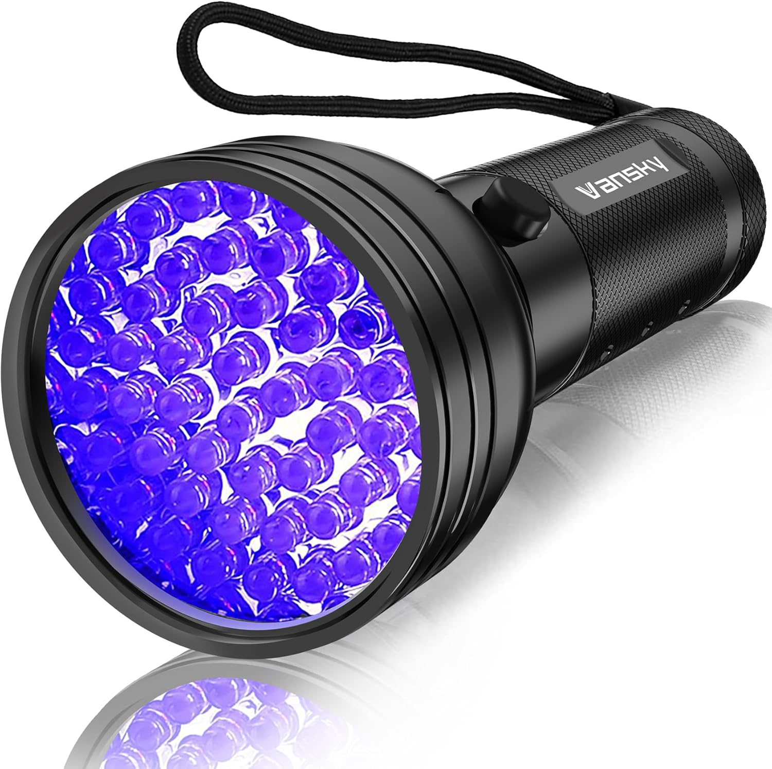 The Vansky UV Flashlight Black Light features 51 LEDs for detecting pet urine, dry stains, and bed bugs. Ideal as a handheld blacklight detector with a wrist strap, it’s perfect for dogs, cats, resin curing, and scorpion finding.