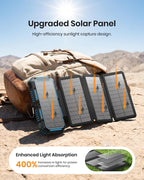 A 50000mAh Solar Power Bank – Magnetic Wireless Charger with Hand Crank, 4 Solar Panels & Built-In Charging Cables is displayed on a rock next to a backpack in a desert. Orange arrows show sunlight being absorbed by the solar panels. Text highlights a “400% increase in light-to-power conversion efficiency.” This solar power bank also features magnetic wireless charging, making it an ideal emergency backup for outdoor adventures.