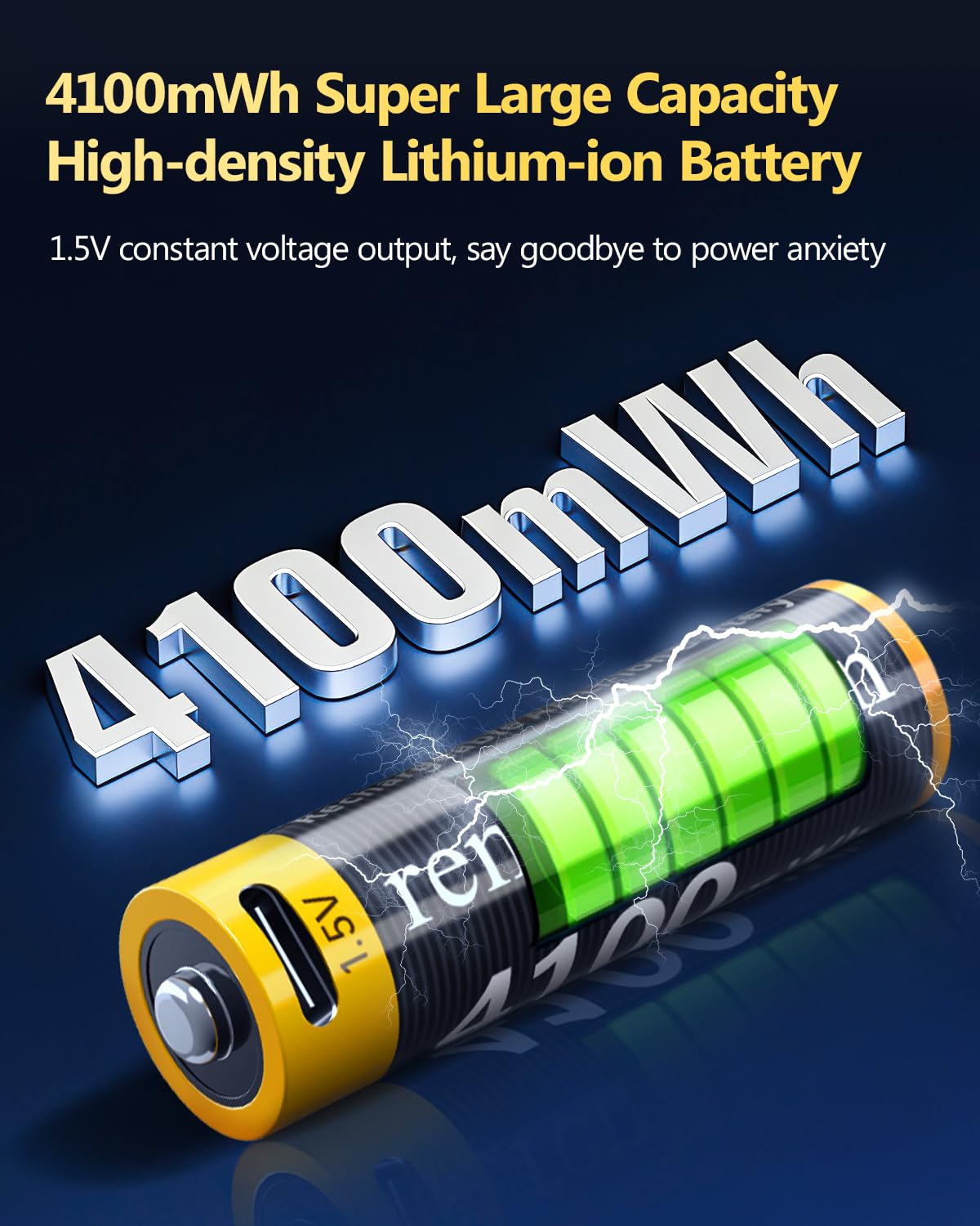 4100mWh USB-C Rechargeable AA Batteries 1.5V Lithium-ion, 4 Pack with USB-C Cable, 1500 Cycles High Capacity AA Lithium Battery for Smart Door Locks, Toys, Flashlights, Keyboards