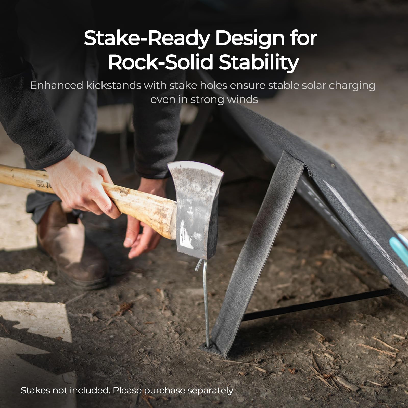 Outdoors, a person uses an axe to drive a stake through the kickstand hole of the Renogy 200W Portable Foldable Solar Panel – 25% Efficient N-Type Solar Charger, showcasing its stake-ready design for enhanced stability. Meanwhile, on-screen text highlights the convenience of its USB-C PD and USB-A charging ports for powering devices on the go.