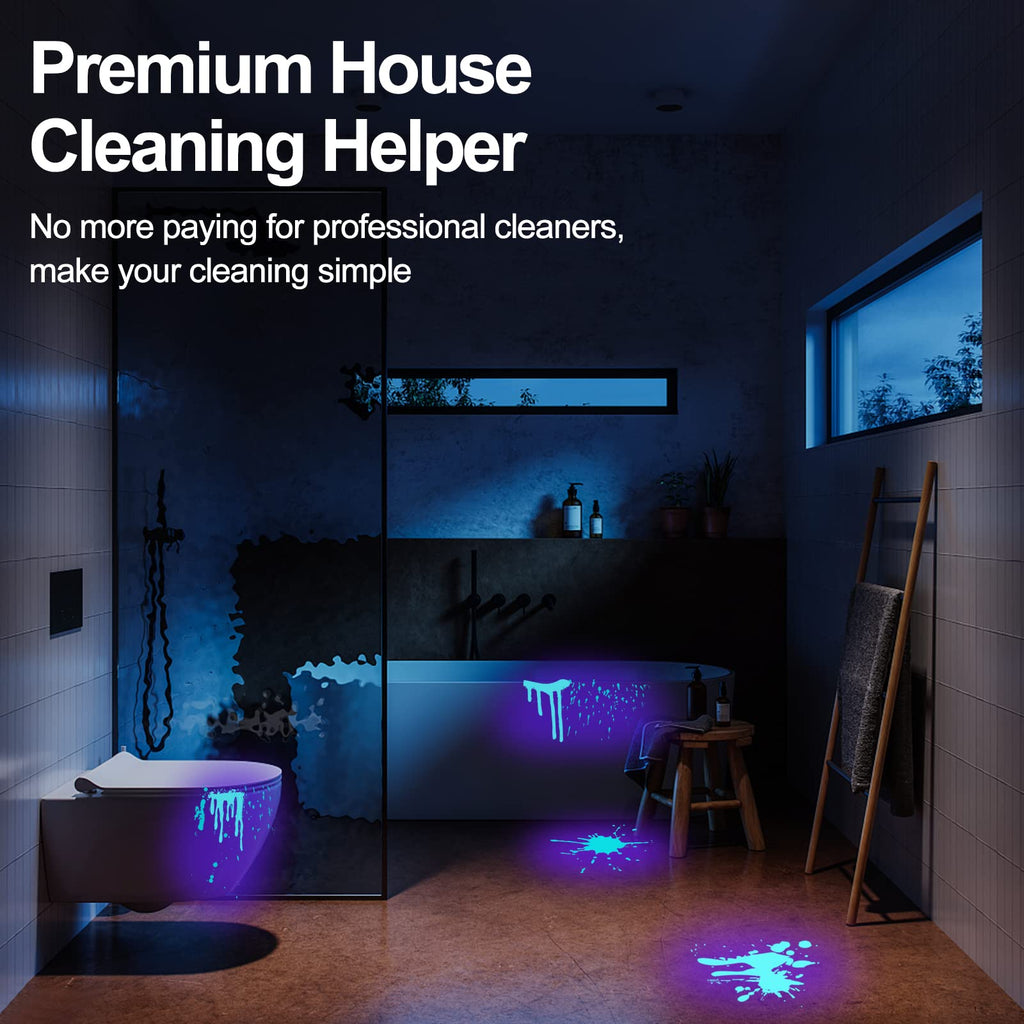 A modern bathroom lit by blue from the Vansky Black Light UV Flashlight (51 LED, 395nm) reveals dirty spots on the tub and floor. Text: “Ditch costly cleaners—find pet stains easily with Vansky’s upgraded pet urine detector (batteries included).”.