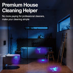 A modern bathroom lit by blue from the Vansky Black Light UV Flashlight (51 LED, 395nm) reveals dirty spots on the tub and floor. Text: “Ditch costly cleaners—find pet stains easily with Vansky’s upgraded pet urine detector (batteries included).”.