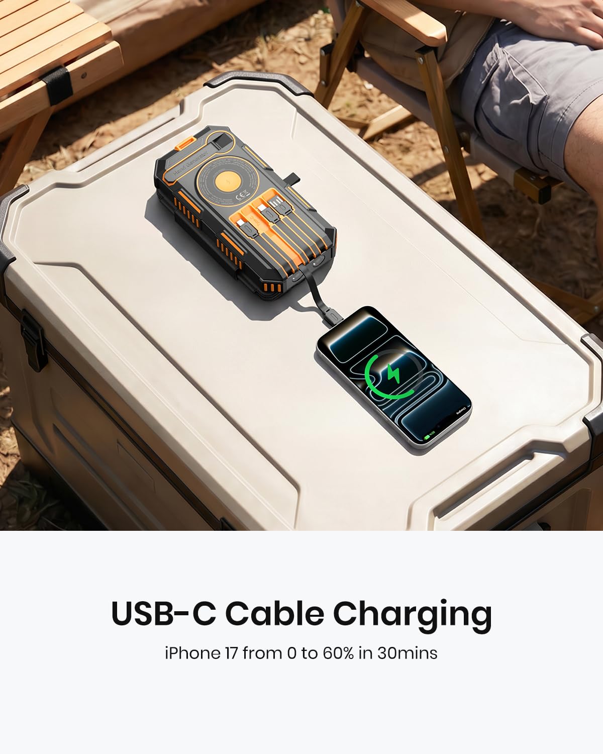 A 50000mAh Solar Power Bank – Magnetic Wireless Charger with Hand Crank, 4 Solar Panels & Built-In Charging Cables charges an iPhone 17 outdoors via USB-C cable, reaching 60% in just 30 minutes. The emergency power bank also features convenient magnetic wireless charging.
