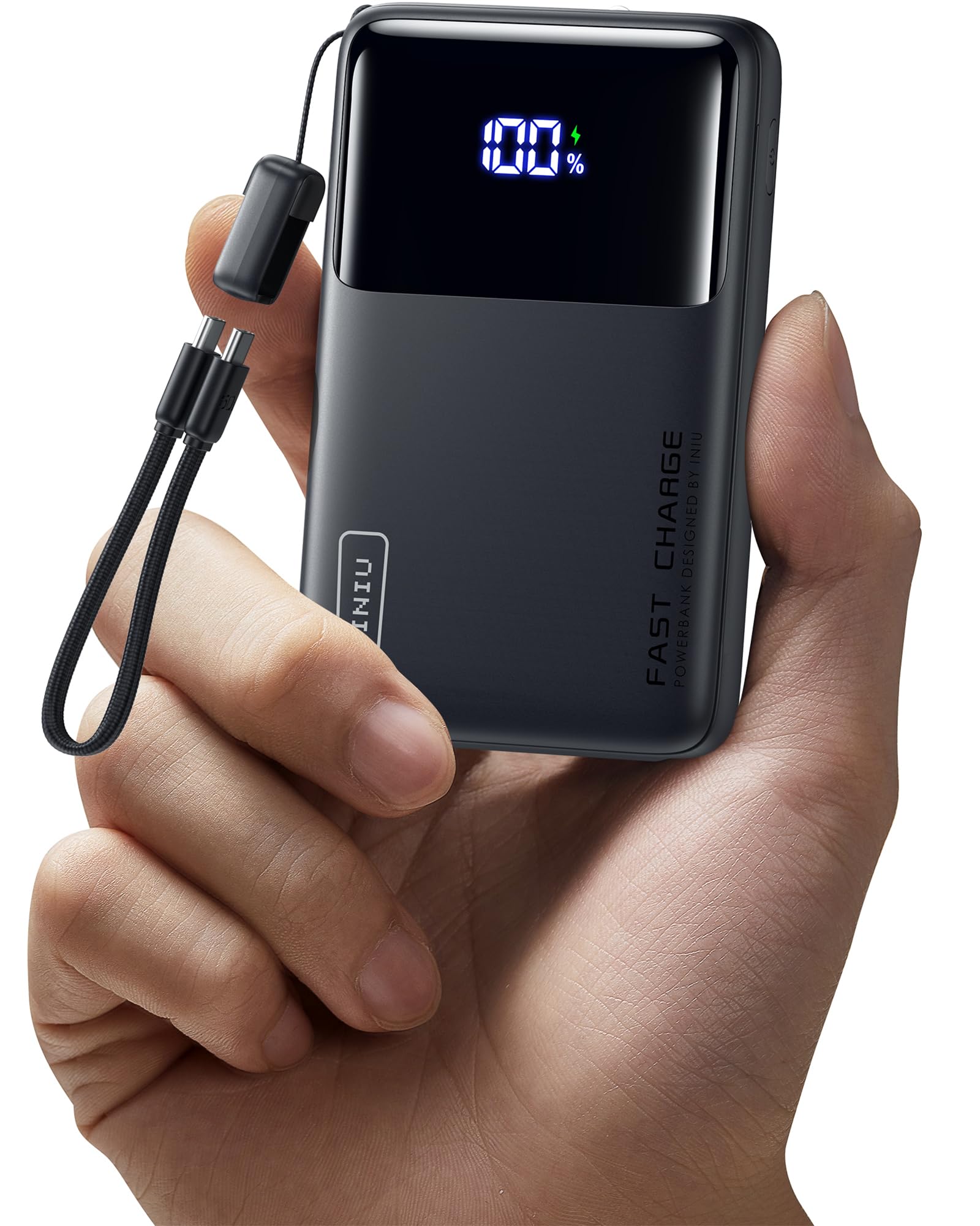 INIU Small Portable Charger, 45W PD Fast Charging 10000mAh Power Bank, Battery Pack with Attached USB C Cable, Travel Essentials Powerbank for iPhone 17 16 15 14 Pro Air, Xiaomi, Samsung S25 S24 etc