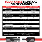 The table presents a comparison of specifications—such as size, resistance, voltage, temperature rating, waterproof rating (IP67), and 25-year service life—for 10AWG and 12AWG solar cables; this is not a product description. Shown at the bottom are two cable connectors from the Vansdon 2x50 Feet Solar Panel Extension Cable (10AWG) with female and male waterproof connectors designed for RV and photovoltaic systems.