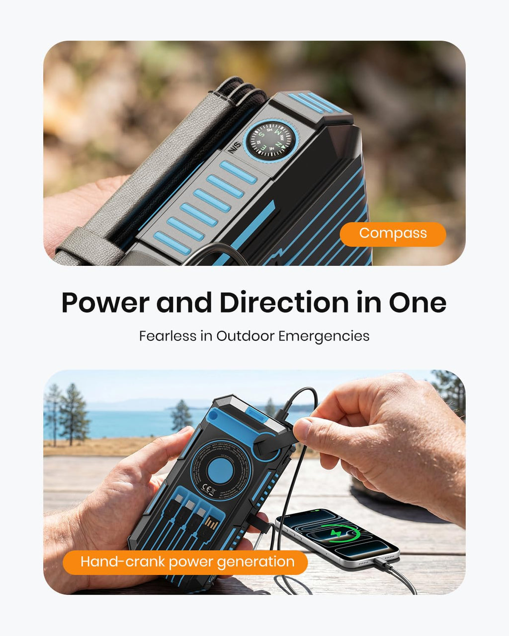 A hand holds the 50000mAh Solar Power Bank – a black and blue magnetic wireless charger featuring a hand crank, four solar panels, and built-in charging cables – as it powers a phone near a scenic outdoor location. Text highlights its hand-crank and solar power generation features, making this the ideal emergency power bank for your adventures.