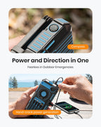 A hand holds the 50000mAh Solar Power Bank – a black and blue magnetic wireless charger featuring a hand crank, four solar panels, and built-in charging cables – as it powers a phone near a scenic outdoor location. Text highlights its hand-crank and solar power generation features, making this the ideal emergency power bank for your adventures.