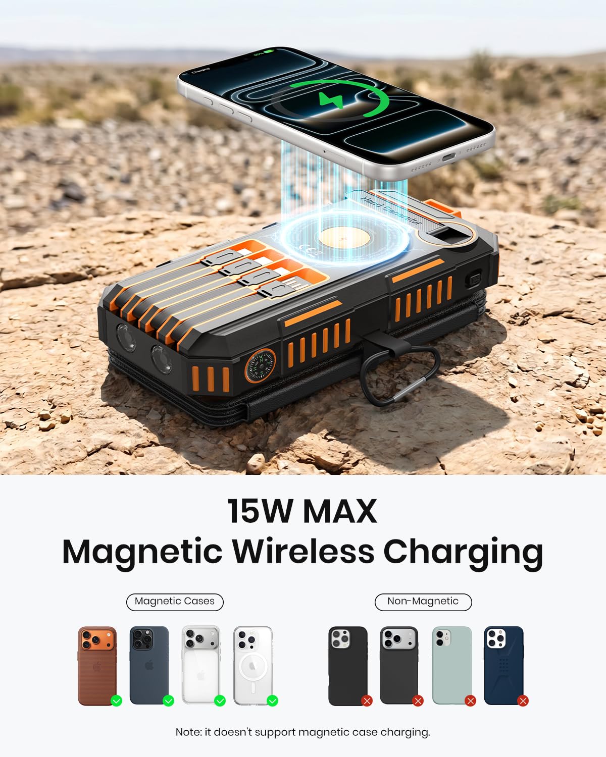Outdoors, the 50000mAh Solar Power Bank – Magnetic Wireless Charger with Hand Crank, 4 Solar Panels & Built-In Charging Cables, featuring orange and black accents, wirelessly charges a smartphone. Overlay text reads "15W MAX Magnetic Wireless Charging." Below, diagrams highlight compatibility with various iPhone cases and emphasize the powerful 50000mAh solar capacity for long-lasting use on the go.