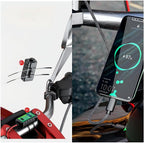 Split image: Left side shows the Dual USB Motorcycle & Marine Charger – 12V/24V Waterproof USB Power Outlet with Voltmeter & On/Off Switch being installed on a bicycle handlebar. Right side shows a phone mounted on the handlebar, charging through the dual USB ports of the charger, with a visible battery indicator at 97%.