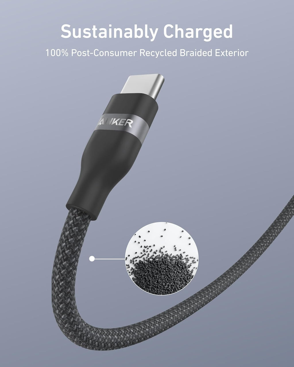 The Anker USB-C to USB-C Cable (3 ft / 6 ft, 240W, Upcycled-Braided) features a recycled braided exterior. Text reads "Sustainably Charged" and "100% Post-Consumer Recycled Braided Exterior," with an inset of recycled plastic granules.