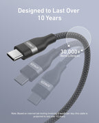 The Anker USB-C to USB-C Cable (3 ft / 6 ft, 240W, Upcycled-Braided) is shown with "Designed to Last Over 10 Years" and "30,000+ Bend Lifespan," emphasizing this ultra-durable charging cable’s remarkable durability.