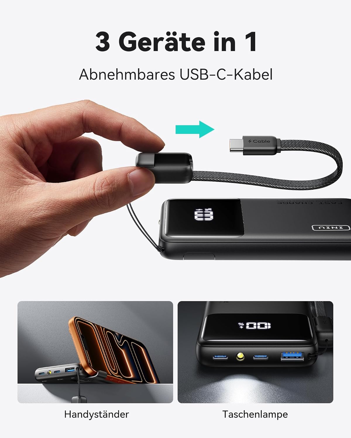 INIU Small Portable Charger, 45W PD Fast Charging 10000mAh Power Bank, Battery Pack with Attached USB C Cable, Travel Essentials Powerbank for iPhone 17 16 15 14 Pro Air, Xiaomi, Samsung S25 S24 etc