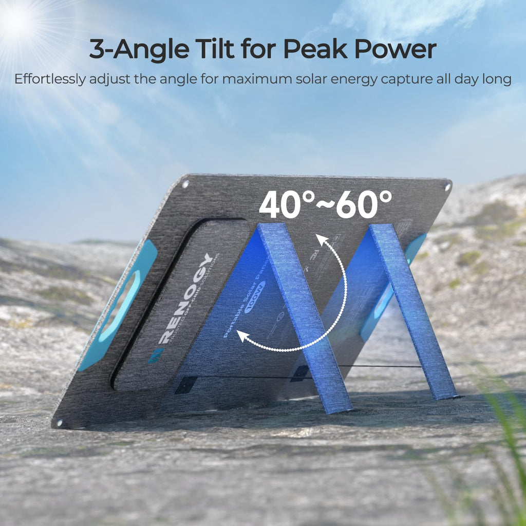 Outdoors, the Renogy 200W Portable Foldable Solar Panel is set up at an angle using its blue kickstands, which adjust between 40 and 60 degrees. The text highlights the panel’s versatile 3-angle tilt system for maximizing solar energy capture and emphasizes its impressive N-Type cell technology with a high 25% conversion efficiency for optimal performance. This solar charger features USB-C PD, USB-A, and MC4 output options—ideal for power stations, RVs, camping, or off-grid power needs.