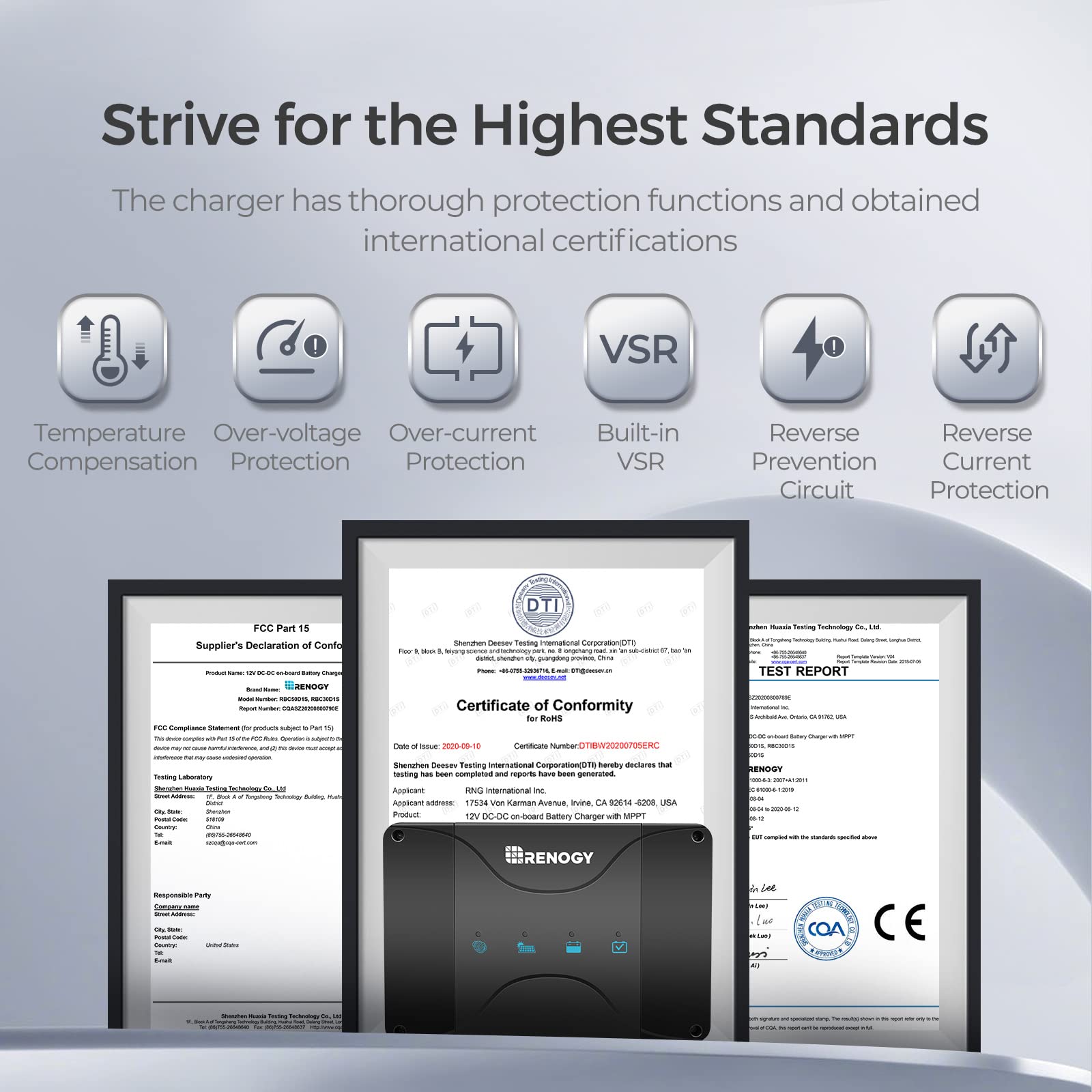 The Renogy 12V 30A DC to DC Battery Charger with MPPT features icons for temperature, over-voltage, and over-current protection, VSR, reverse prevention, and reverse protection—making it ideal as an auxiliary battery charger or MPPT solar charger. Three certification documents are displayed below.