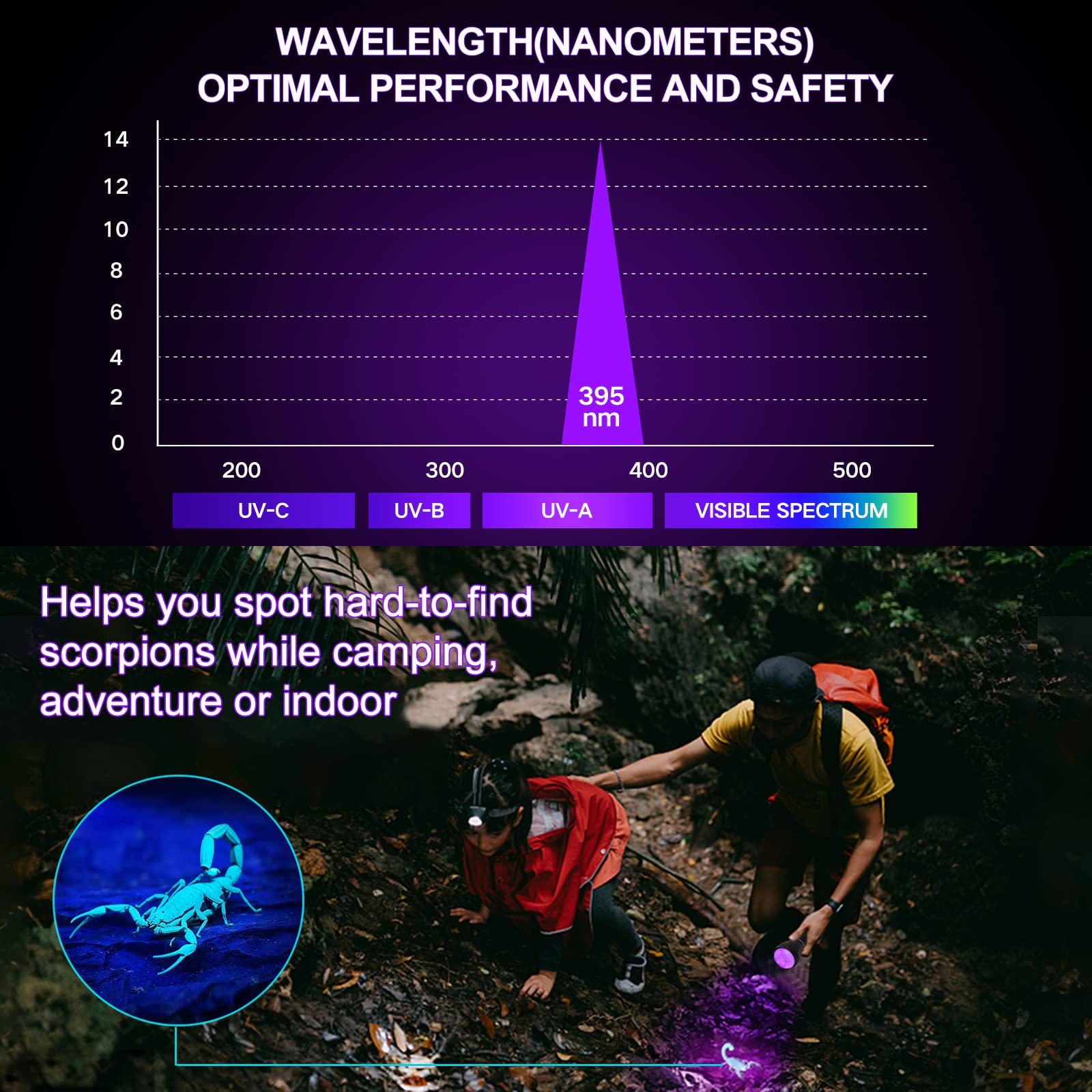 A chart shows UV light peaking at 395nm. Below, two people hike at night using the Vansky Black Light UV Flashlight (51 LED, 395nm) to reveal a glowing scorpion, highlighting its outdoor effectiveness. Batteries included.