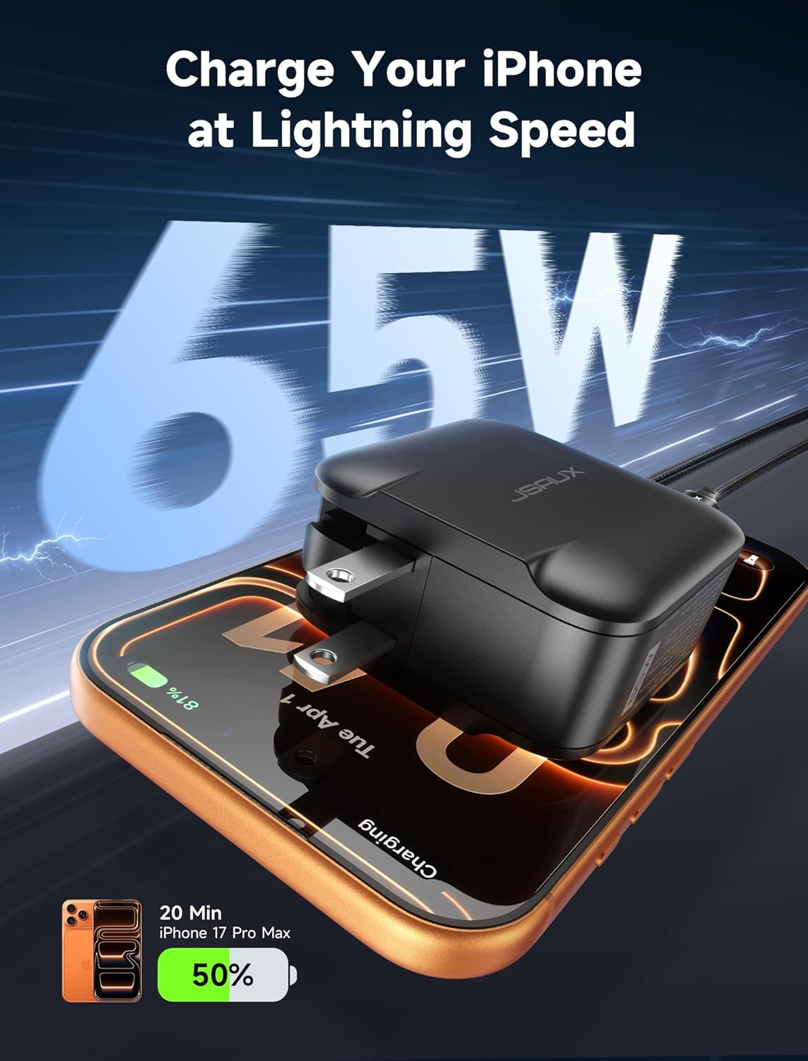 JSAUX 65W USB C Wall Charger, 3-Port GaN Fast Charger Block with Foldable Plug, Includes 6.6FT USB C Cable & UK/EU Travel Plugs, Compact Charger for Laptop, iPhone 17, Galaxy, Switch 2, Steam Deck