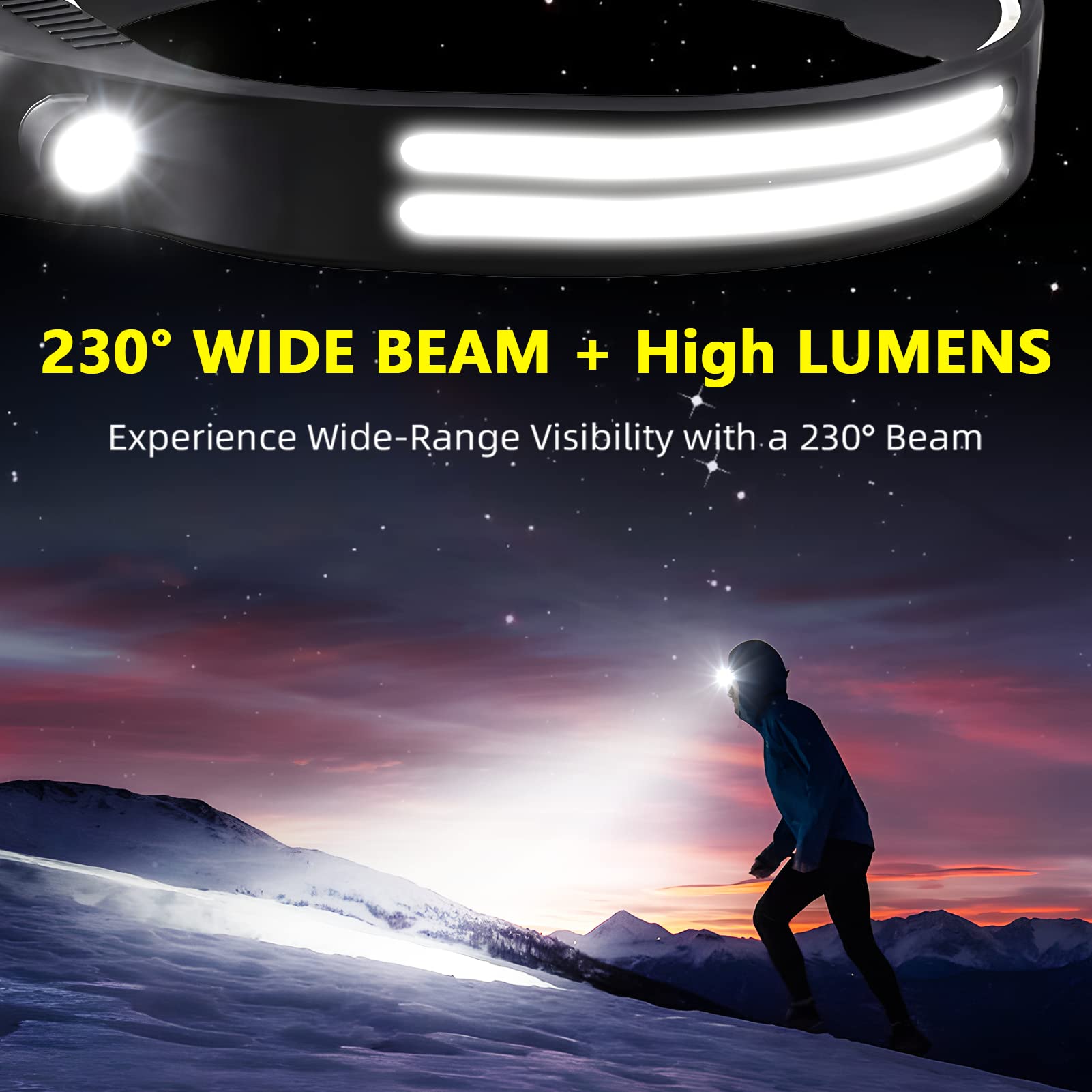 2PCS LED Headlamp Rechargeable - 230° COB Super Bright Head Lights for Forehead, Hard hat Light for Adults, USB C Headband Flashlight for Work, Hiking, Running, Camping Essentials Gear