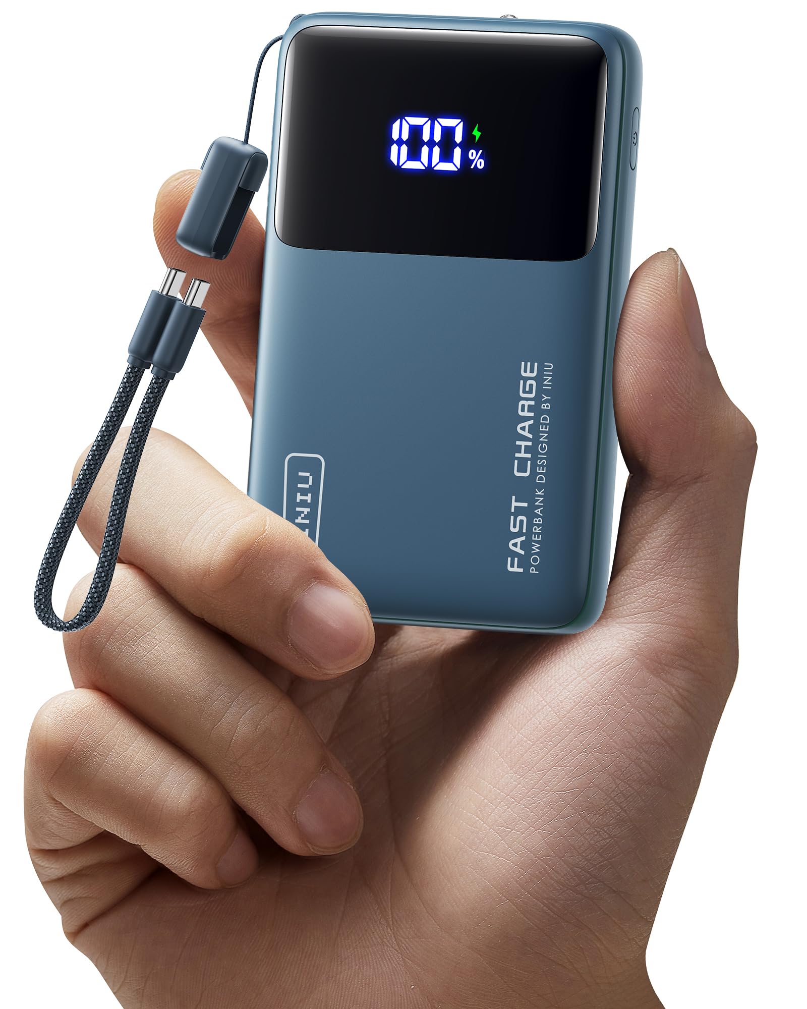 INIU Small Portable Charger, 45W PD Fast Charging 10000mAh Power Bank, Battery Pack with Attached USB C Cable, Travel Essentials Powerbank for iPhone 17 16 15 14 Pro Air, Xiaomi, Samsung S25 S24 etc