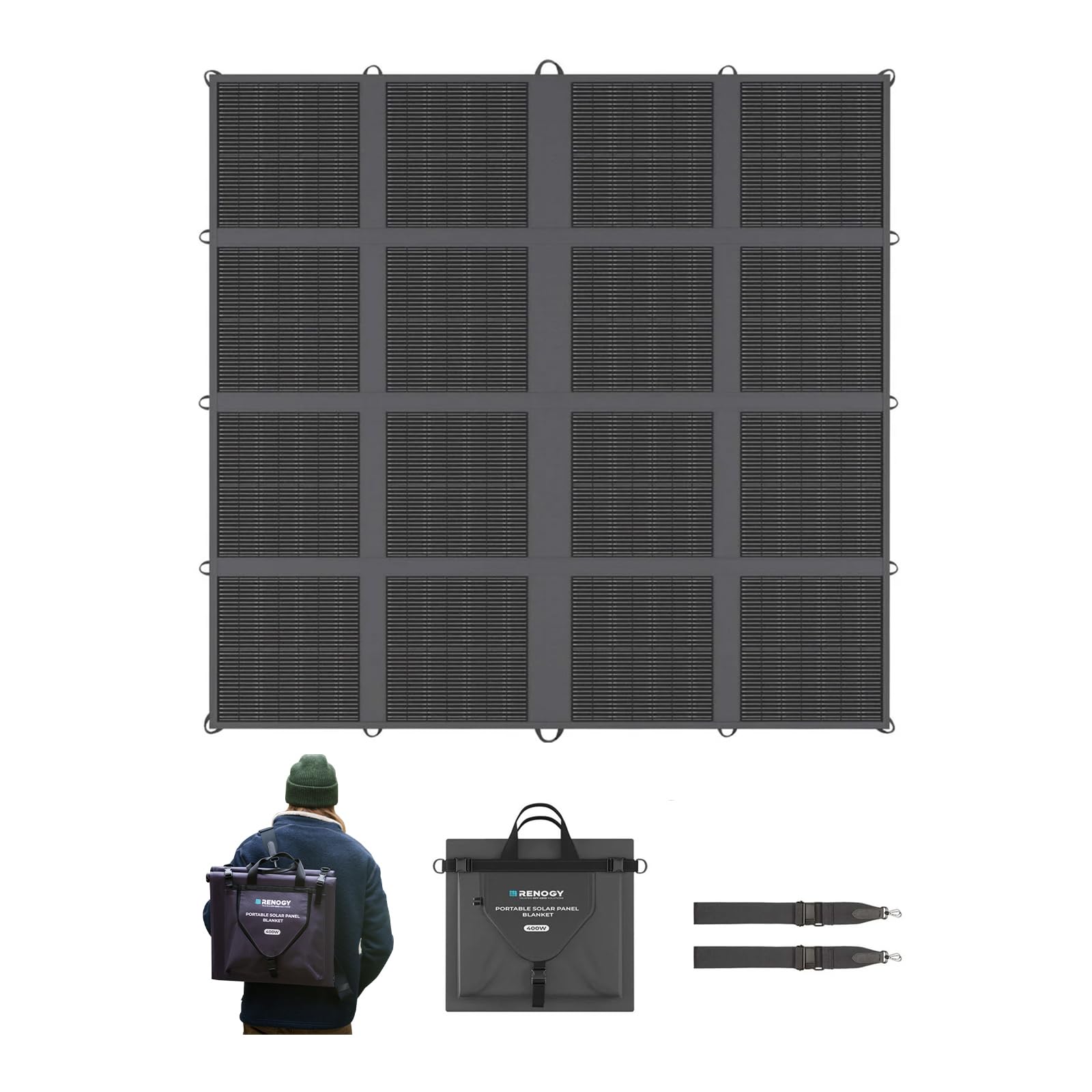 The Renogy 400W Portable Solar Panel Blanket is a highly efficient, foldable solar charger (25% N-Type cells) designed for power stations, RVs, and off-grid power. It features durable carrying loops, a sleek black carrying case with two sturdy black straps for easy transport—wear it like a backpack and take reliable solar energy wherever your adventures lead.