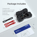 Renogy Solar Battery Monitor Shunt 300 – 500A Bluetooth Smart Battery Monitor for LiFePO₄, AGM & Lead Acid Batteries: comes with a Bluetooth battery monitor, temperature sensor wire, red and black wires, quick guide, and mounting screws—everything you need for advanced battery monitoring—arranged neatly on a light grey surface.