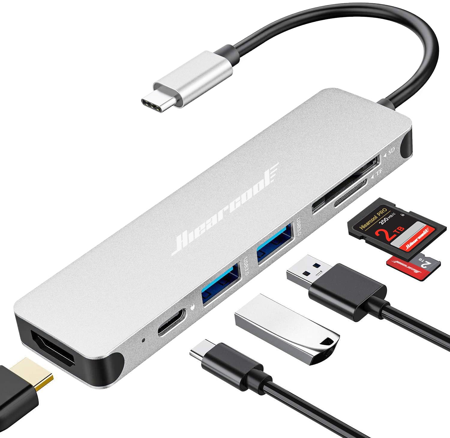 Hiearcool USB C Hub for MacBook – 7-in-1 USBC Adapter with 4K HDMI, 100W PD, USB 3.0 5Gbps Ports, SD/TF Card Reader – USB-C Dongle for Office, Meetings, Travel & Home Setup-Space Grey