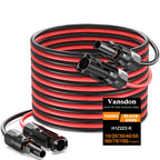 Vansdon 10 AWG Solar Panel Extension Cable Set features black and red coiled 6mm² photovoltaic cables with tinned copper conductors, IP67 waterproof MC4 male and female connectors, and UV-resistant insulation. Available in lengths from 10 to 100 feet, these extension cables are designed for photovoltaic solar panel applications.