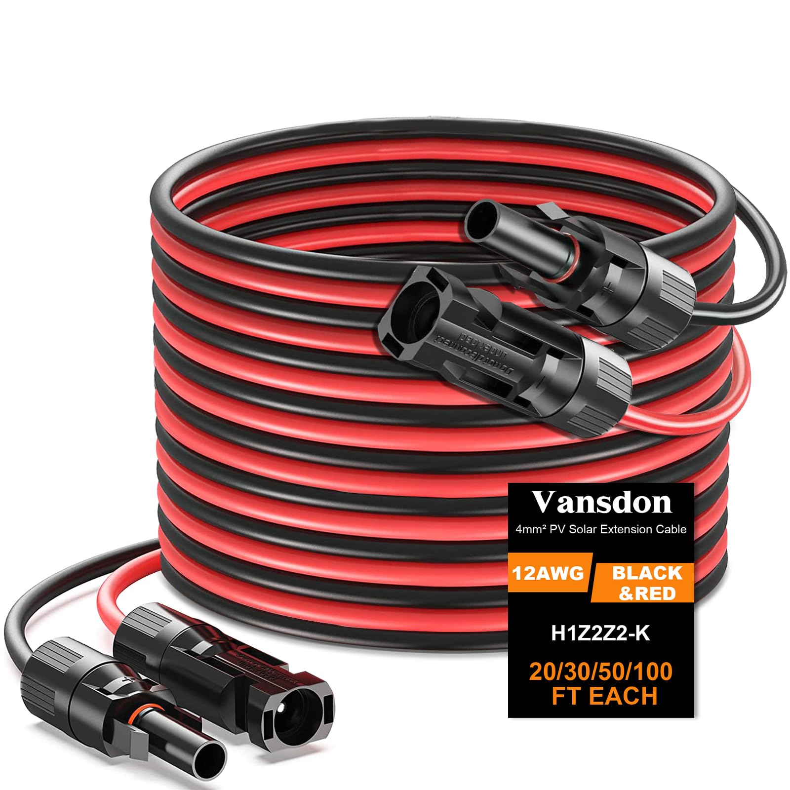Black and red Vansdon 10 AWG solar panel extension cable set, featuring MC4 male and female connectors on each end. The label reads "Vansdon, 10AWG, Black & Red, H1Z2Z2-K," with lengths available in 20/30/50/100 ft. This tinned copper PV cable is IP67 waterproof and UV resistant—ideal for solar systems needing reliable connections and durable performance.
