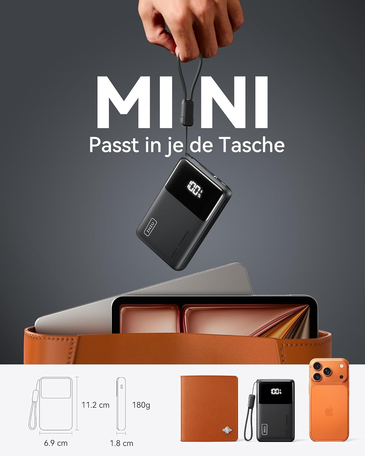 INIU Small Portable Charger, 45W PD Fast Charging 10000mAh Power Bank, Battery Pack with Attached USB C Cable, Travel Essentials Powerbank for iPhone 17 16 15 14 Pro Air, Xiaomi, Samsung S25 S24 etc