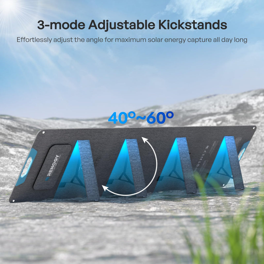 The Renogy 200W Portable Foldable Solar Panel, featuring three adjustable kickstands and a 40° to 60° angle range, is set up outdoors on rocky ground to capture optimal solar energy. With cutting-edge N-Type cell technology for up to 25% conversion efficiency, this innovative charger includes USB-C PD, USB-A, and MC4 outputs—perfect for convenient power on the go during camping or off-grid adventures.